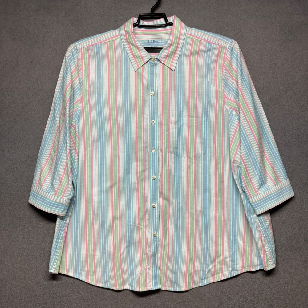 LL Bean Button Up Shirt Pastel Stripe 3/4 Sleeve 2X Blue Pink Green Casual Peru